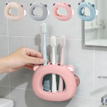 Imagem de Suporte de escova de dentes com sucção de urso de desenho animado, 3 compartimentos, ventosa de parede, banheiro, espelho, suporte para escovas de dentes, suporte para adultos, família, banheiro