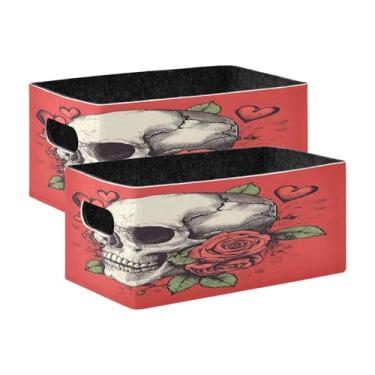Imagem de xigua Conjunto de 2 caixas de armazenamento de caveira vintage, cubo de armazenamento dobrável, organizador de cestas de armazenamento para livros, prateleiras, armário, lavanderia, berçário