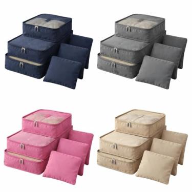 Imagem de Organizador Viagem Kit 7 Peças - Necessaire para Bagagem Malas Roupas Bolsa Cosméticos Higiene - Dobrável Impermeável Multiuso Feminina Masculina Unissex Grande Compacto Prático (ROSA)