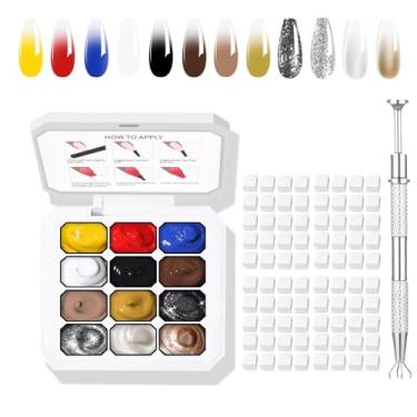 Imagem de finger secret Conjunto de esmalte de gel ombré de 12 cores, pigmento ombré para unhas, pintura gradiente em gel com 100 esponjas de unhas para géis 3D para arte de unhas em salão ou uso doméstico