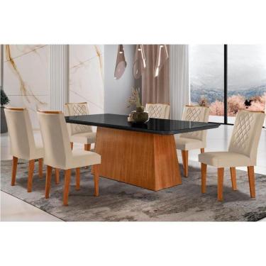 Imagem de Sala De Jantar Completa Luna C- Tampo De Vidro Canto Curvo 180x90cm E 6 Cadeiras Jade Imbuia-grafite - Suede Creme - Rufato