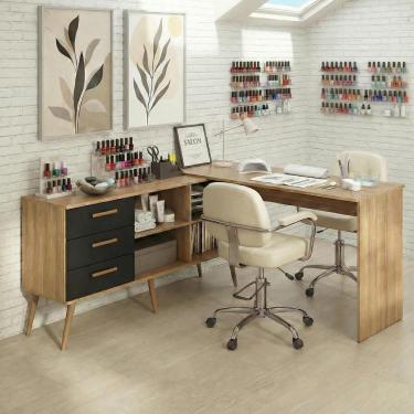 Imagem de Mesa De Manicure Profissional De Canto Em L Com 3 Gavetas Jady Multimóveis Mp6042 Madei...