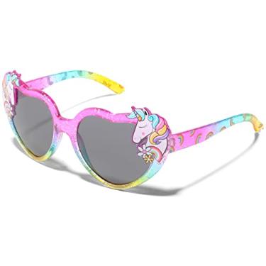 Imagem de ShadyVEU Óculos de sol infantil unicórnio com glitter, cor de arco-íris, formato de coração, óculos de sol para festas mágicas à prova de estilhaçamento, Armação amarela rosa/lente fumê, Small
