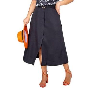 Imagem de Saia Midi Feminina Plus Size com Cinto Fenda Frontal Botões em Linho com Elastano Elegante Casual-Feminino