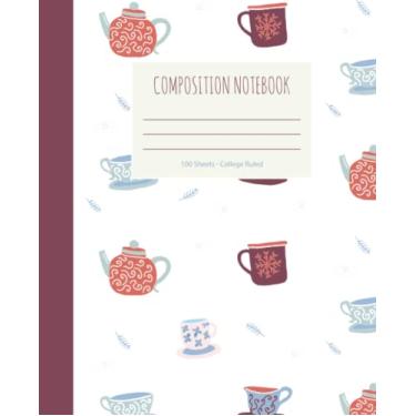 Imagem de Caderno de composição pautado para faculdade - 100 páginas; chá, xícaras de chá: caderno de composição fofo para crianças, meninas, meninos, adolescentes, jovens adultos e adultos