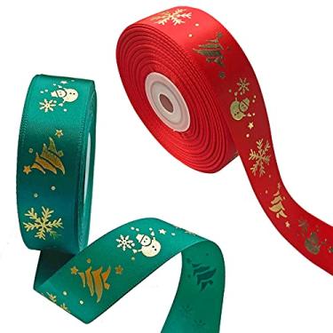 Imagem de LXKBD 2 rolos de fitas de Natal com placas decorativas de boneco de neve de floco de neve, carretel de 2,5 cm por 25 jardas para árvore de Natal, decorações de embrulho de presente, artesanato de laços florais (vermelho e verde)