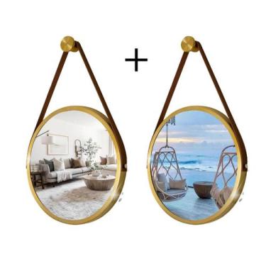 Imagem de Kit 2 Espelhos Redondo Decorativo Suspenso Alça 60cm + suporte Dourado