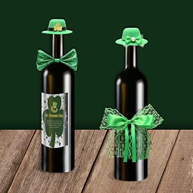 Imagem de 4 peças, decoração de garrafa de vinho do dia de São Patrício, chapéus de duende verde, capas de garrafa de vinho, laço de sharmrock, acessórios de vinho, topos de vinho para decorações irlandesas do