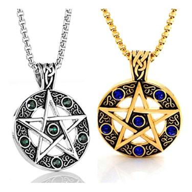 Imagem de Colar pentagrama poderoso de aço inoxidável, pingente de selo tradicional Wicca de Salomão, corrente de freio de 59 cm (ouro verde (2 peças))