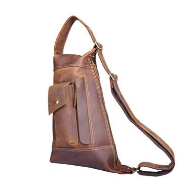 Imagem de Le'aokuu Mochila masculina para uso ao ar livre, grande, para viagem, caminhada, peito de chá, alça única, mochila masculina de couro de qualidade 2329, Marrom, Medium, Ciclismo