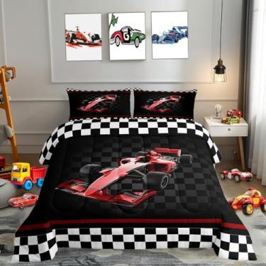 Imagem de Conjunto de edredom infantil com fórmula vermelha 3D, tamanho solteiro, carro de corrida legal, decoração de quarto moderno, para meninos e adolescentes, esporte de corrida com 1 fronha para todas as
