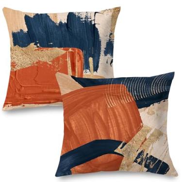 Imagem de Supwhd - Conjunto de 2 capas de almofada azul marinho, dourado e laranja, 50 x 50 cm, arte abstrata moderna boho, para quarto, sala de estar, decoração de casa moderna, decoração de quarto boho