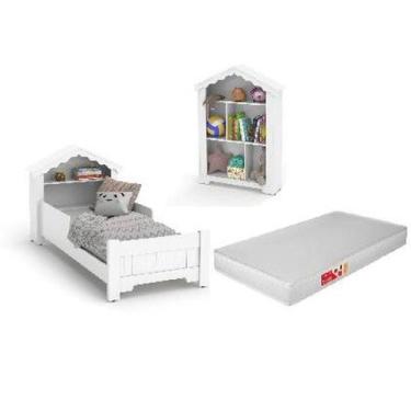 Imagem de Conjunto Mini Cama c/Colchão e Estante Branca OFERTAMO