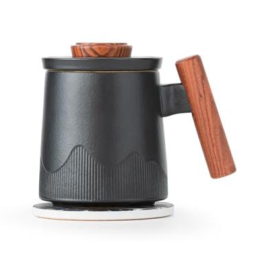 Imagem de HFceram Xícara de chá com filtro e tampa de cerâmica integrados, caneca de chá de cerâmica premium de 382 g com alça de sequoia e porta-copos absorvente, íngreme de chá ecológico para chá de folhas