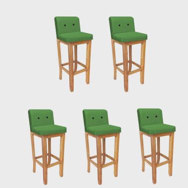 Imagem de Kit 05 Banqueta Alta Com Encosto Aila Balcão Bistrô Base Madeira Maciça Sintético Verde Botão Preto - Ahz Móveis