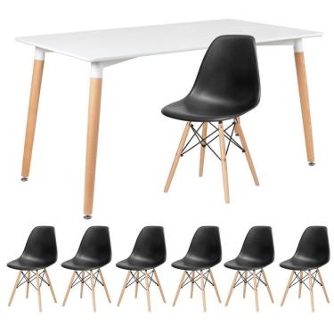 Imagem de Kit - Mesa Retangular Eames 80 X 140 Cm Branco + 6 Cadeiras Dsw Preto Mesa Branco Com Cadeiras Preto