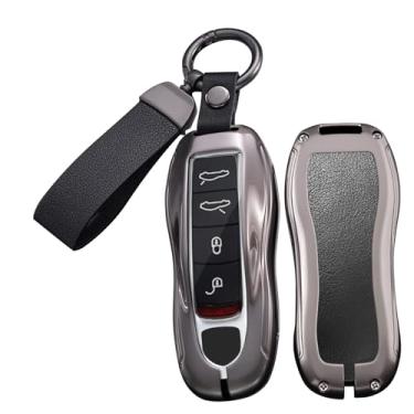 Imagem de SANRILY Keyless Metal Leather 3/4 Button Smart Key Fob Cover Apto para Porsche 2024 Macan Cayenne S 2015 Panamera 911 Boxter Cayman Retro Key Case com chaveiro de couro preto