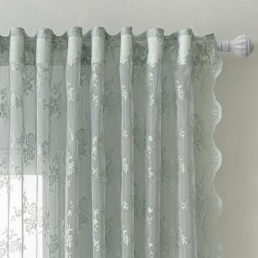 Imagem de MEETSKY Cortinas Lace Cafe 114 cm de comprimento, cortina de cozinha vintage verde sálvia para janelas pequenas com aba traseira francesa elegante transparente cortinas de filtro de luz para fazenda