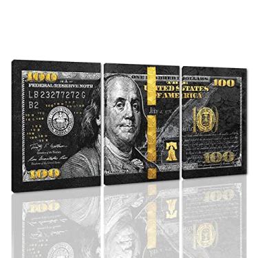 Imagem de Arte de parede de dinheiro preto e dourado decoração de parede 3 painéis posturas de notas de 100 dólares arte impressa em tela para sala de estar quarto decoração de escritório em casa moldura de