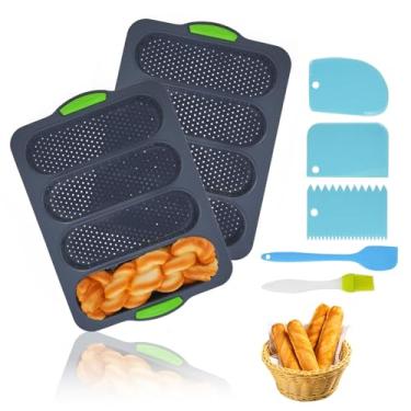 Imagem de JINGIHE Forma de pão baguete de silicone, 2 peças de bandeja antiaderente para assar pão de torrada francesa e 3 peças de raspador de massa com espátulas de escova de óleo, assadeira de pão de 3
