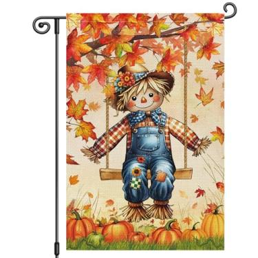 Imagem de Louise Maelys Bandeira de jardim de outono, espantalho, árvore, abóbora, 30,5 x 45,7 cm, dupla face, sazonal, outono, bem-vindo, ação de graças, pequeno letreiro de serapilheira para jardim, decoração