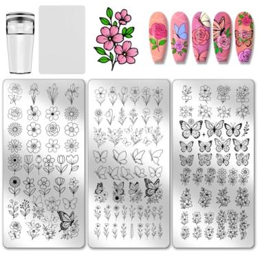 Imagem de PH PandaHall 3 peças de placa de carimbo de unha de borboleta de flor, padrão de buquê, modelo de arte de impressão de aço inoxidável, placa de imagem de unha de borboleta, modelo de arte para