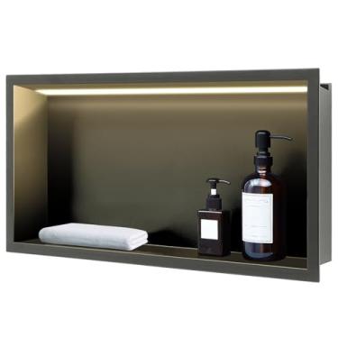 Imagem de Zonon Nicho de ducha de aço inoxidável com luz LED embutida para chuveiro de nicho à prova d'água sem necessidade de azulejos para instalação de armazenamento de banheiro (cinza arma)