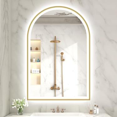 Imagem de S'bagno Espelho LED dourado arqueado de 61 x 91 cm para banheiro com iluminação frontal e retroiluminada, espelho de banheiro de LED com moldura de metal, antiembaçamento, regulável contínuo, espelho