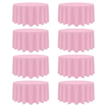 Imagem de Heneger Pacote com 8 toalhas de mesa redondas rosa de 300 cm, resistente a manchas e vincos, toalha de mesa rosa, reutilizável e lavável, capas de mesa de tecido de poliéster para buffet, festa de