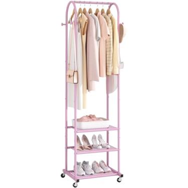 Imagem de Kaitiemoo Rack de roupas resistente com rodas, rack de roupas moderno com 3 prateleiras de metal, suporte de exibição de 180 cm para pendurar roupas, haste de pendurar para espaço pequeno, rosa