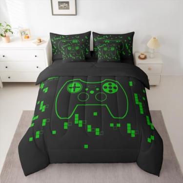 Imagem de Feelyou Jogo de cama infantil de 7 peças, conjunto de edredom de videogame infantil com blocos de montar, para meninos e meninas, macio, leve, microfibra verde