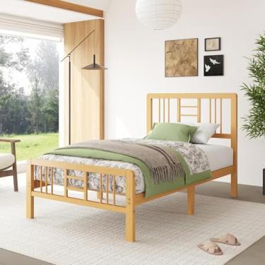 Imagem de Sementa Estrutura de cama de plataforma de madeira de bambu de 30,5 cm com cabeceira e pé, estrutura de cama de suporte de ripas de metal, dupla resistente, sem necessidade de mola box, montagem