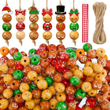 Imagem de Cinnvoice 240 contas de madeira de Natal com barbante homem de gengibre boneco de neve quebra-nozes guirlanda de Natal artesanato DIY contas redondas para festa de Natal, casa de fazenda, decoração de