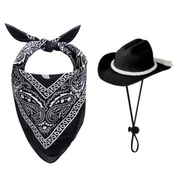 Imagem de choyaxo Chapéu de cowboy para cães, fantasia de caubói para cães pequenos, gatos, chapéu de caubói com bandana conjunto de cachecol acessórios de festa (preto, médio)