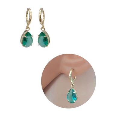 Imagem de Brinco Argolinha Gota Cristal Verde Oliva Folheado Ouro 18k Antialérgi