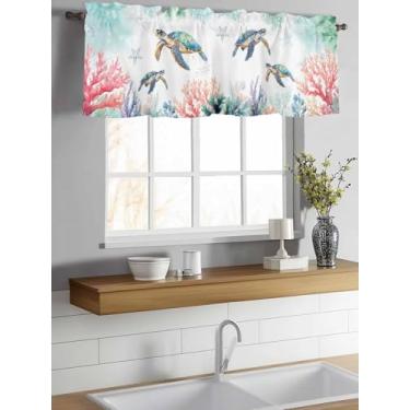 Imagem de Cortinas para janelas aquarela azul-petróleo tartaruga coral janela sanefa bolso estrela do mar vida marinha decoração cortina para cozinha, sala de estar, quarto, 137 x 45,7 cm