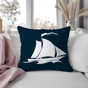 Imagem de Capas de travesseiro náutico para veleiro 45,7 x 45,7 cm, azul marinho, litoral, náutico, decorativo, fronhas, para lago, praia, casa, barco, cabana, decoração de casa