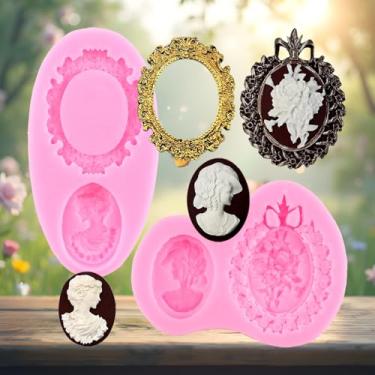 Imagem de Camafeu com moldura de silicone, moldes de silicone, molde de fondant para decoração de bolos, enfeite de cupcake, chocolate, doces, argila de polímero, conjunto de 2