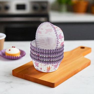 Imagem de Generic 100 peças de forros de cupcake com estampa de castelo de princesa, papel à prova de gordura, roxo, branco, 5 x 3 cm