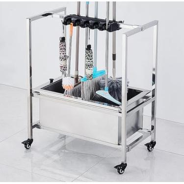 Imagem de JYXYXSCP Suporte móvel para esfregão de chão, suporte de esfregão para vassoura, ferramentas de limpeza, aço inoxidável, com ranhuras e ganchos, design de roda de 360° (80,5 cm 10 reboque 12 ganchos)