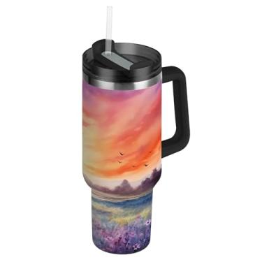 Imagem de Blueangle Copo de 850 g Pôr do sol em um campo roxo com alça e tampa de palha, caneca de viagem de aço inoxidável isolada a vácuo de parede dupla, garrafa de água reutilizável para academia de