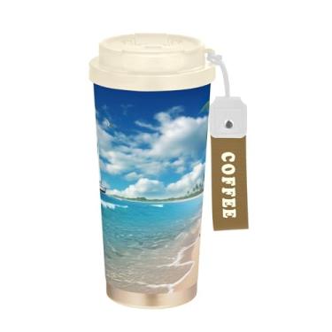 Imagem de SEHANY Caneca de viagem Summer Sea Beach Starfish 482 g Copos de café reutilizáveis revestidos de cerâmica com tampa à prova de vazamento, parede dupla, isolamento a vácuo, copo de café de aço