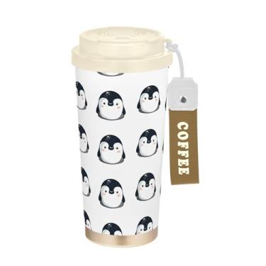Imagem de SEHANY Caneca de viagem de pinguim fofa de 482 g Copos de café reutilizáveis revestidos de cerâmica com tampa à prova de vazamento, parede dupla, isolamento a vácuo, copo de café de aço inoxidável