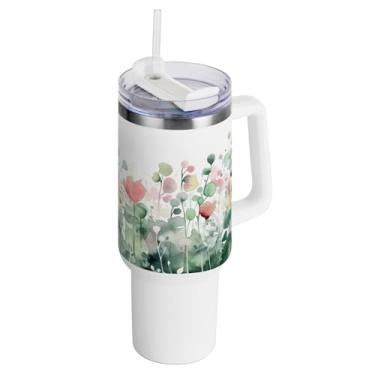 Imagem de xigua Copo vintage de flores silvestres de 1,134 g com alça e canudo, aço inoxidável duplo isolado a vácuo garrafa de água suporte de copo de garrafa de água amigável à prova de vazamento copo de