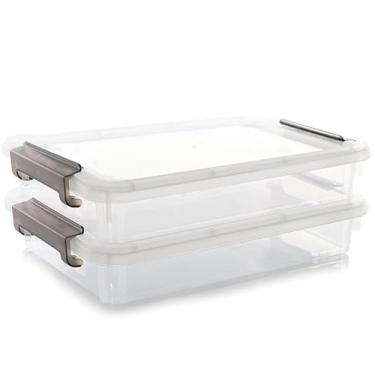 Imagem de Caixotes de armazenamento de plástico com tampas de trava, caixa de arquivo transparente, recipientes de armazenamento empilháveis para organizar papel A4, foto, documento, álbum de recortes (cinza, 2