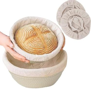 Imagem de Pacote com 2 cestos Banneton à prova de pão de 20 cm – Tigela de massa de corda de algodão, suprimentos para assar pão fermentado para jantar e assar nas férias (com 2 forros)
