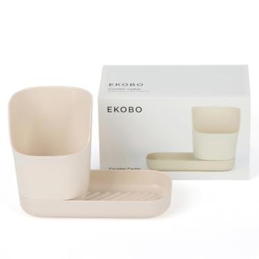 Imagem de EKOBO Organizador de bambu para pia de cozinha, branco, suporte de esponja de cozinha de bancada de 2 peças com divisor e bandeja canelada para sabão ou escovas, copo removível, reservatório de