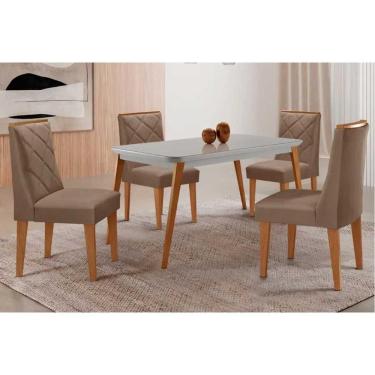 Imagem de Sala Jantar Mesa Havana Tampo c/ Vidro Curvo 120cm+4 Cadeiras Pietá Madeira Naturale/Off White - Capuccino/Suede Capuccino - Rufato