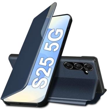 Imagem de Capa flip S25 para Samsung Galaxy S25 5G, capa de couro slim fit transparente para celular Samsung S25 com suporte, resistente, resistente à prova de choque, 6,2 polegadas (azul)