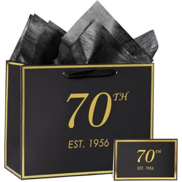 Imagem de momoake Saco de presente de aniversário de 70 anos com cartão e papel de seda para homens e mulheres, 1955 70 anos de idade 33 cm elegante ouro preto lembrança festa presente compras sacos de papel